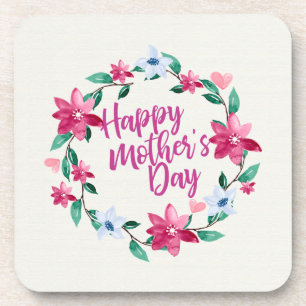 Elegant Happy Mother's Day Floral Wreath Coaster