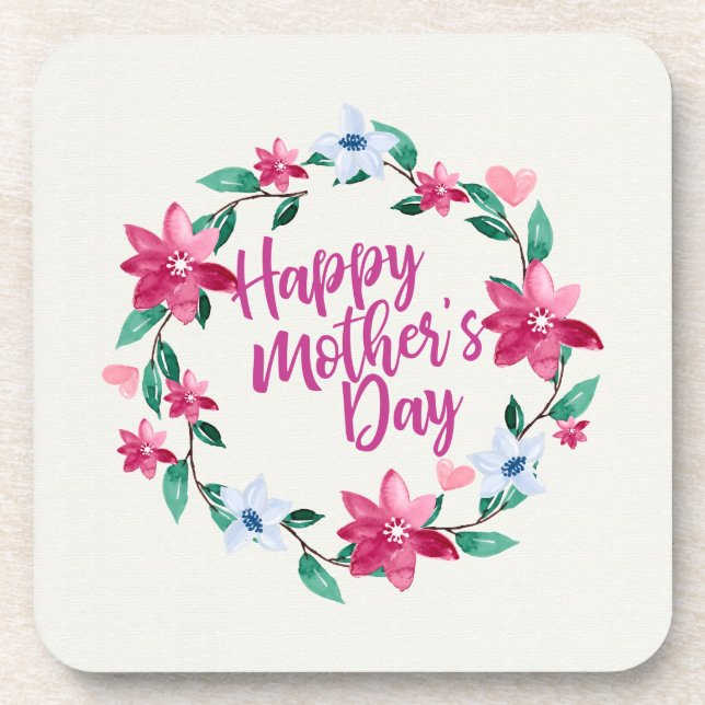 Elegant Happy Mother's Day Floral Wreath | Coaster (Front)