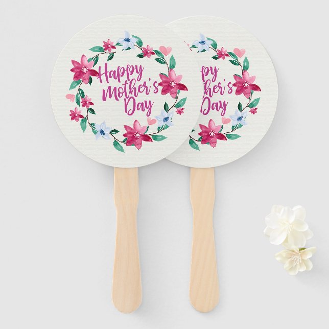 Elegant Happy Mother's Day Floral Wreath Hand Fan (Front and Back)