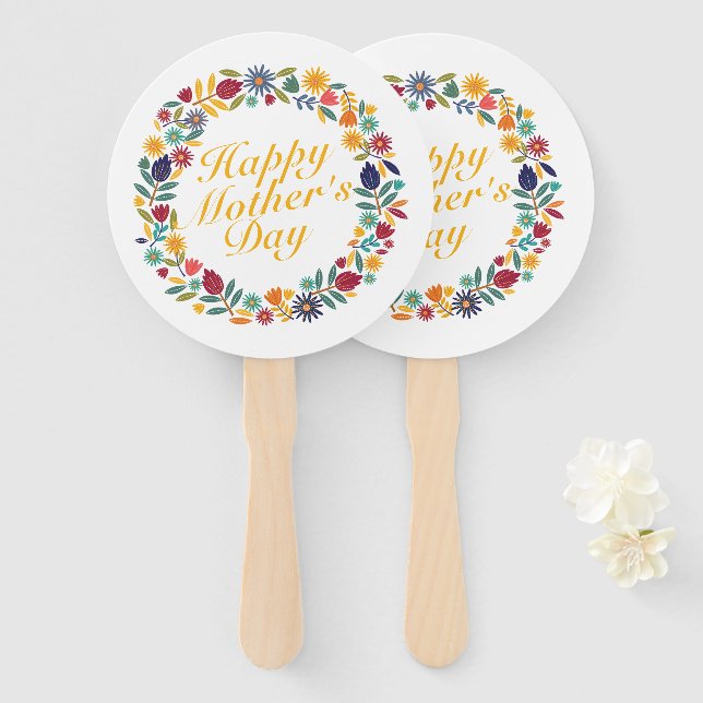 Elegant Happy Mother's Day Floral Wreath Hand Fan (Front and Back)