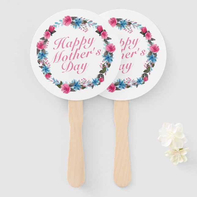 Elegant Happy Mother's Day Floral Wreath Hand Fan (Front and Back)