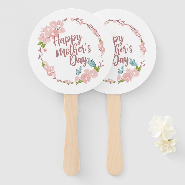 Elegant Happy Mother's Day Floral Wreath Hand Fan (Front and Back)