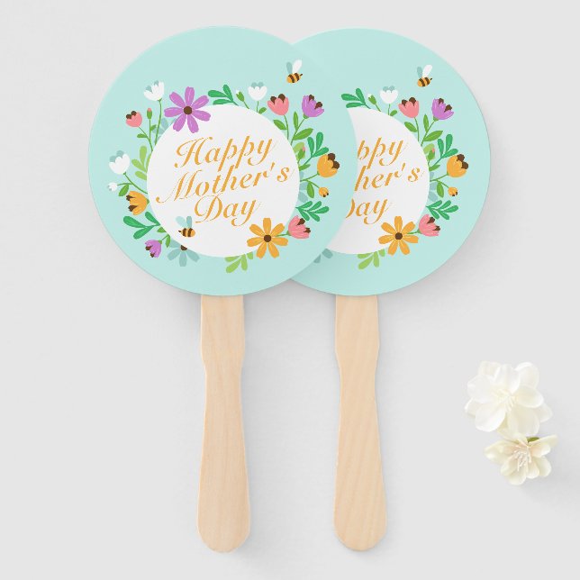 Elegant Happy Mother's Day Floral Wreath Hand Fan (Front and Back)