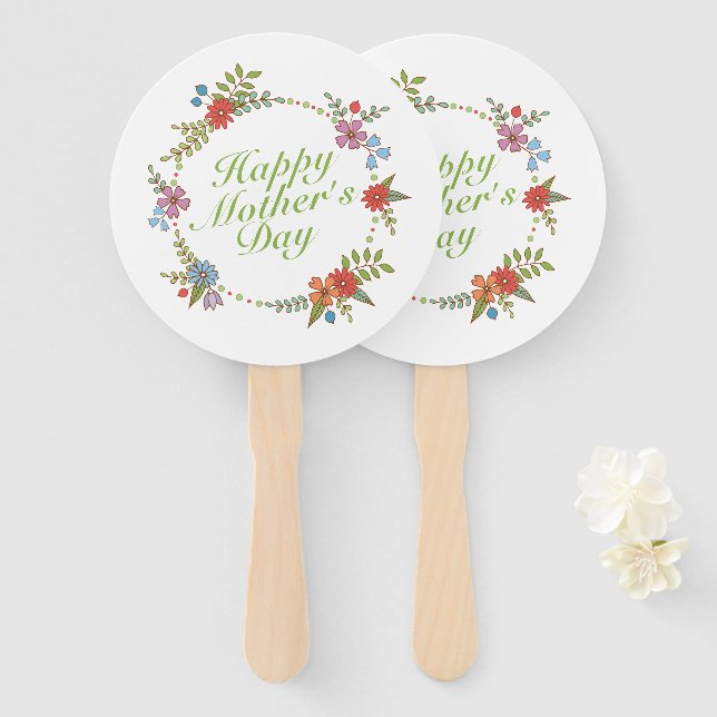 Elegant Happy Mother's Day Floral Wreath Hand Fan (Front and Back)