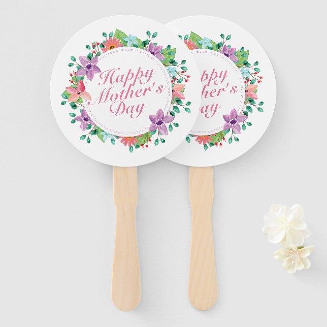Elegant Happy Mother's Day Floral Wreath Hand Fan (Front and Back)