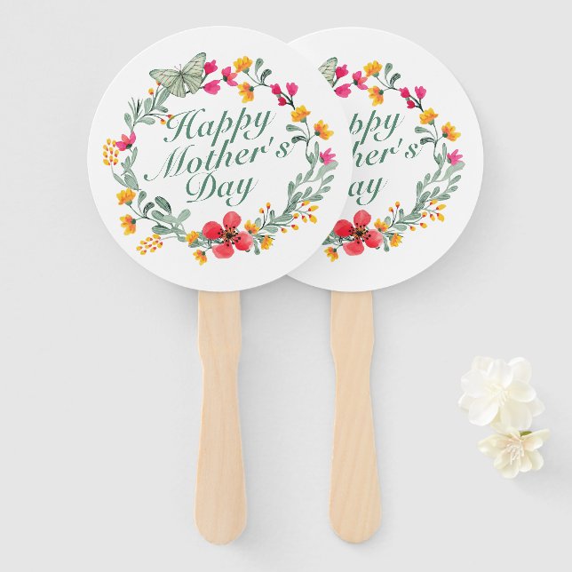 Elegant Happy Mother's Day Floral Wreath Hand Fan (Front and Back)