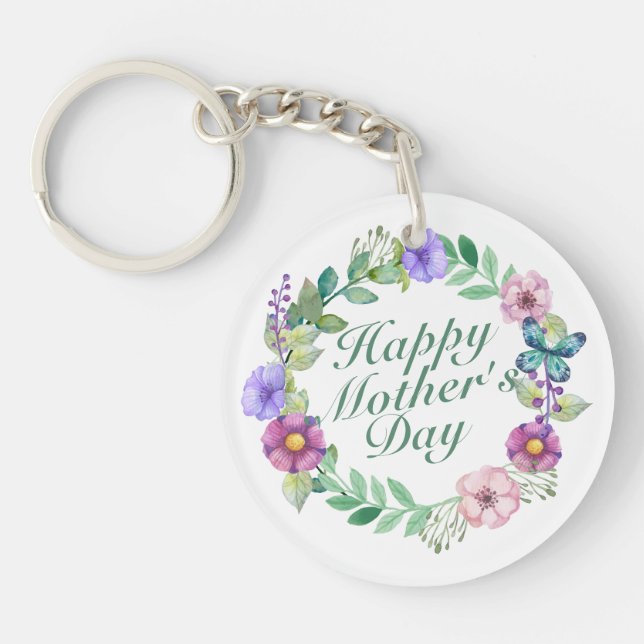 Elegant Happy Mother's Day Floral Wreath Keychain (Front)