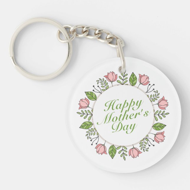 Elegant Happy Mother's Day Floral Wreath Keychain (Front)