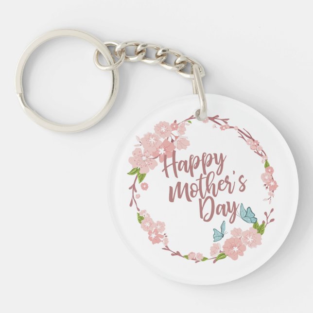 Elegant Happy Mother's Day Floral Wreath Keychain (Front)