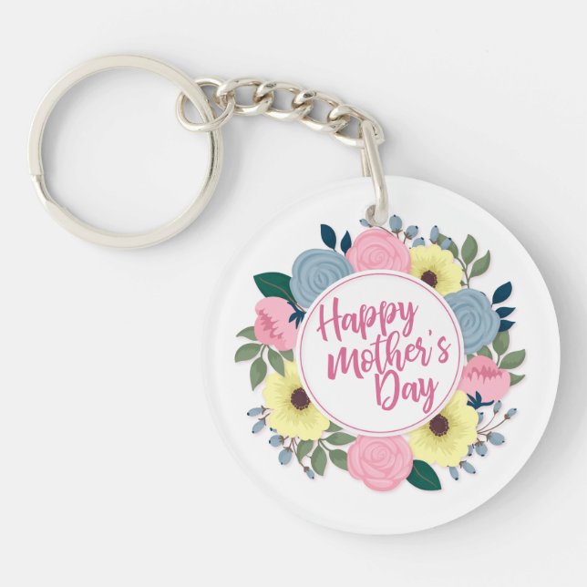 Elegant Happy Mother's Day Floral Wreath Keychain (Front)