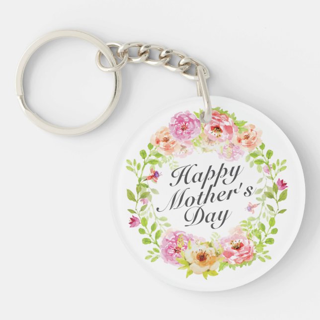 Elegant Happy Mother's Day Floral Wreath Keychain (Front)
