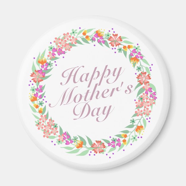 Elegant Happy Mother's Day Floral Wreath Magnet (Front)