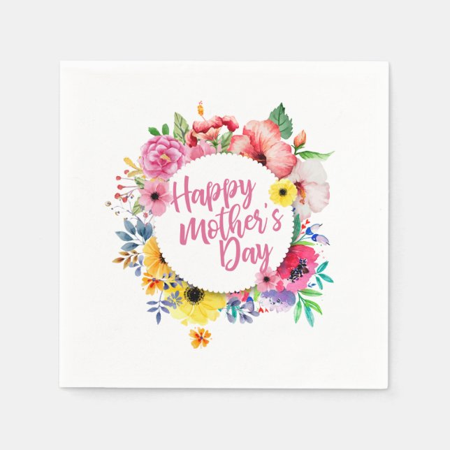 Elegant Happy Mother's Day Floral Wreath | Napkin (Front)