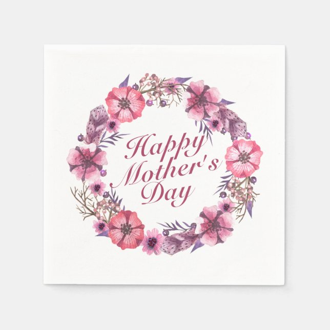 Elegant Happy Mother's Day Floral Wreath Napkin (Front)