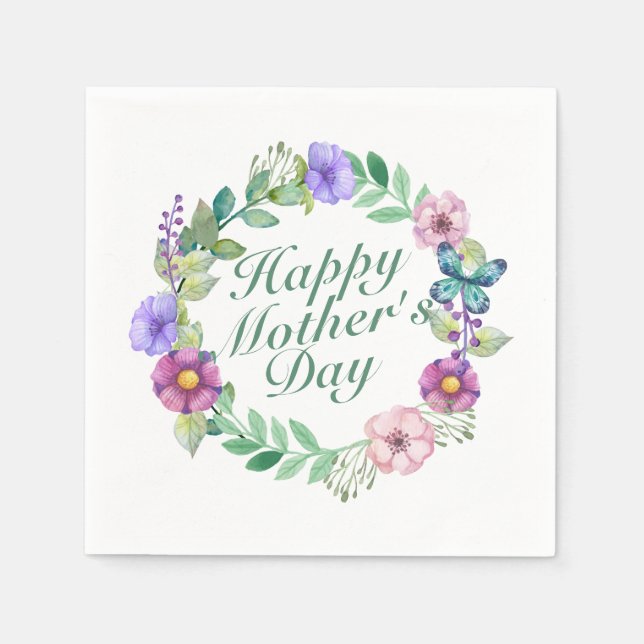 Elegant Happy Mother's Day Floral Wreath Napkin (Front)