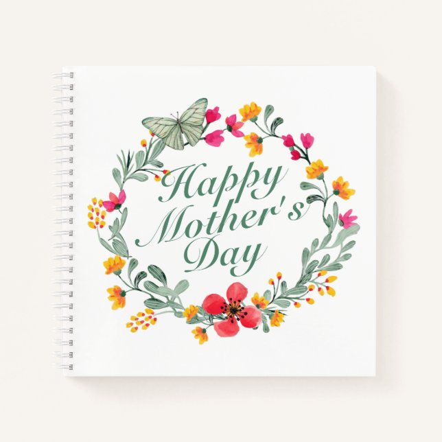 Elegant Happy Mother's Day Floral Wreath Notebook (Front)