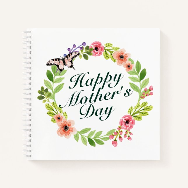 Elegant Happy Mother's Day Floral Wreath Notebook (Front)