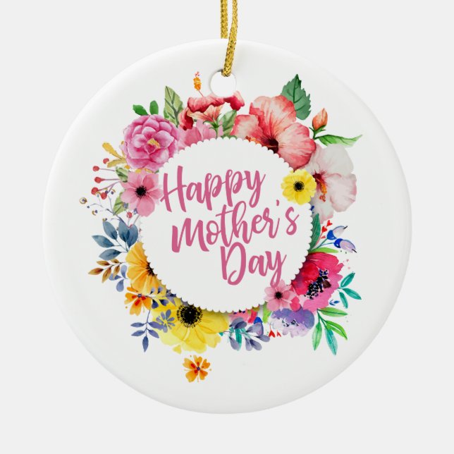 Elegant Happy Mother's Day Floral Wreath Ornament (Front)