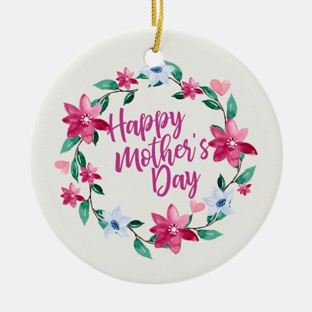 Elegant Happy Mother's Day Floral Wreath Ornament (Front)