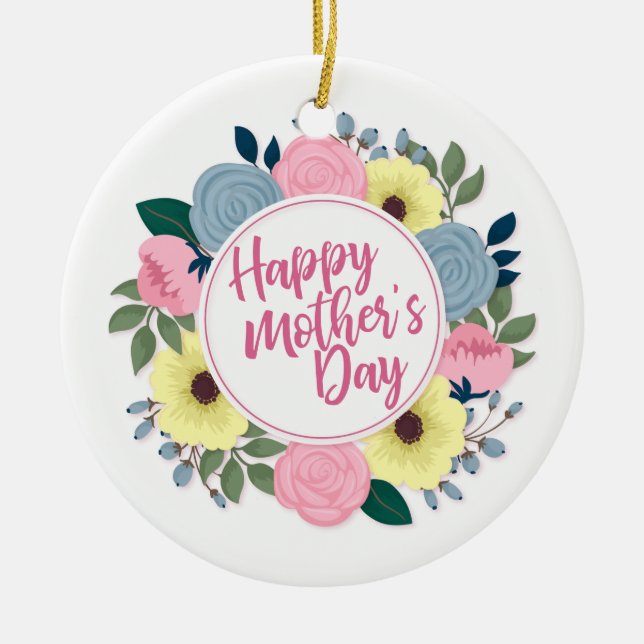 Elegant Happy Mother's Day Floral Wreath Ornament (Front)