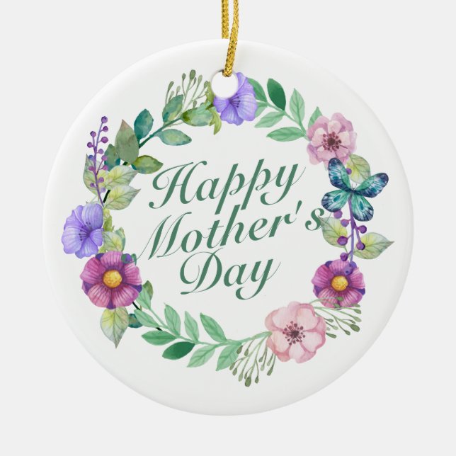 Elegant Happy Mother's Day Floral Wreath Ornament (Front)