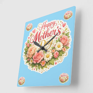 Elegant happy Mother's Day floral wreath Square Wall Clock