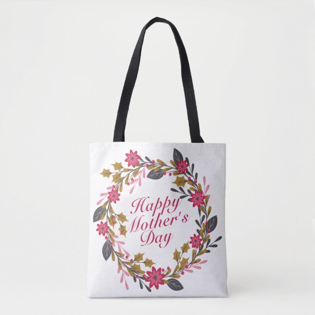 Elegant Happy Mother's Day Floral Wreath Tote Bag (Front)