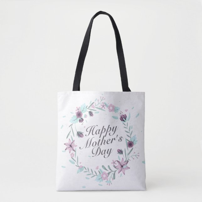 Elegant Happy Mother's Day Floral Wreath Tote Bag (Front)