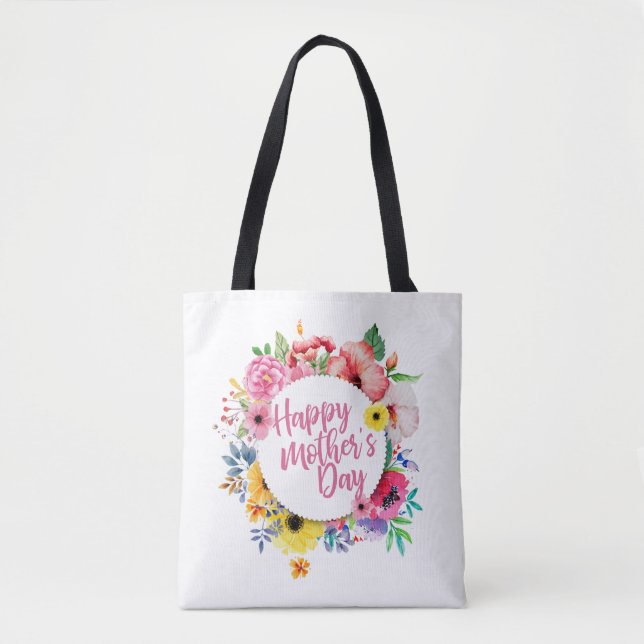 Elegant Happy Mother's Day Floral Wreath Tote Bag (Front)