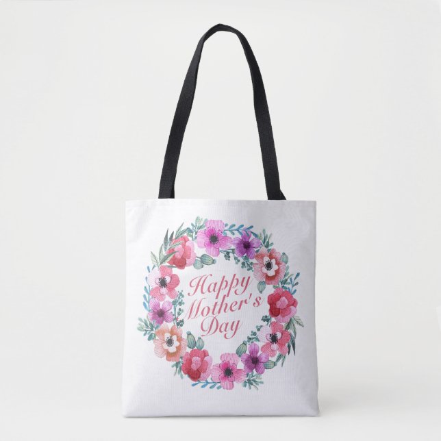 Elegant Happy Mother's Day Floral Wreath Tote Bag (Front)