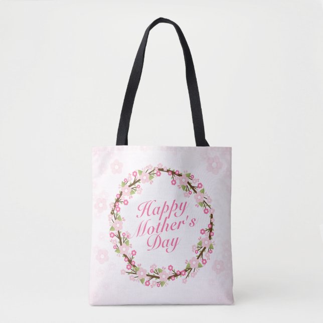 Elegant Happy Mother's Day Floral Wreath Tote Bag (Front)