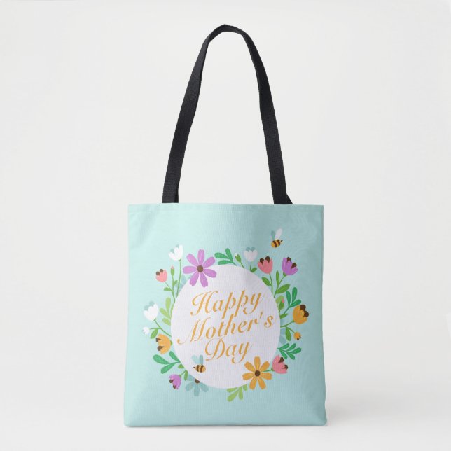 Elegant Happy Mother's Day Floral Wreath Tote Bag (Front)