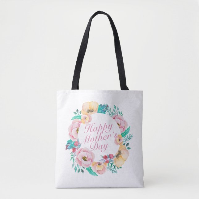 Elegant Happy Mother's Day Floral Wreath Tote Bag (Front)