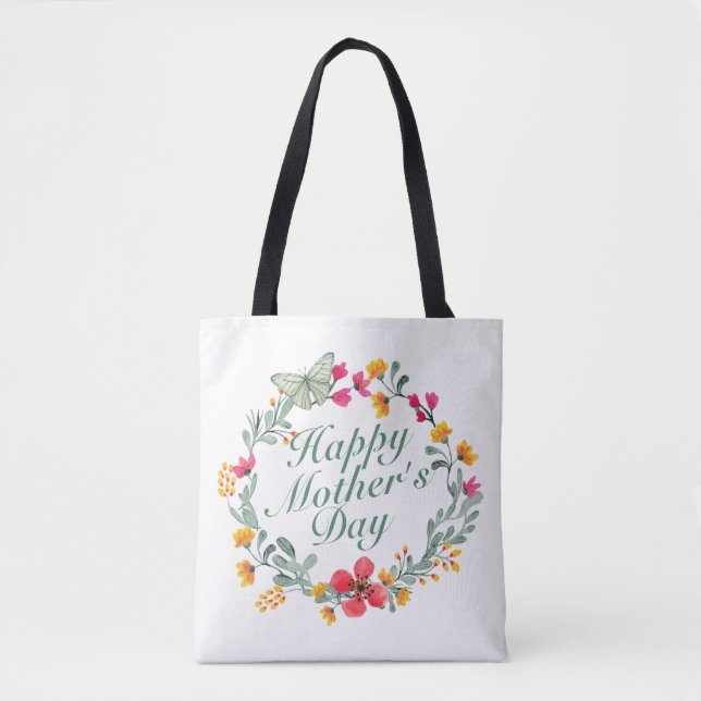 Elegant Happy Mother's Day Floral Wreath Tote Bag (Front)