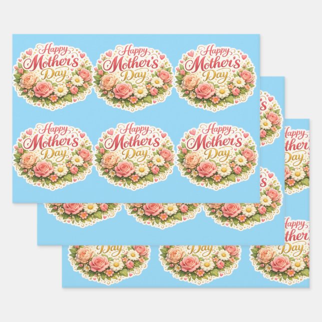 Elegant happy Mother's Day floral wreath Wrapping Paper Sheet (Set)