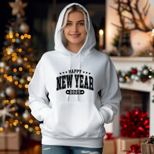 Elegant Happy New Year 2025 Black and White Hoodie