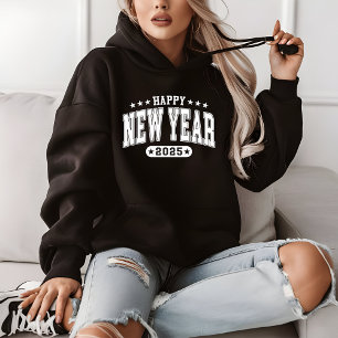 Elegant Happy New Year 2025 Navy Blue and White Hoodie