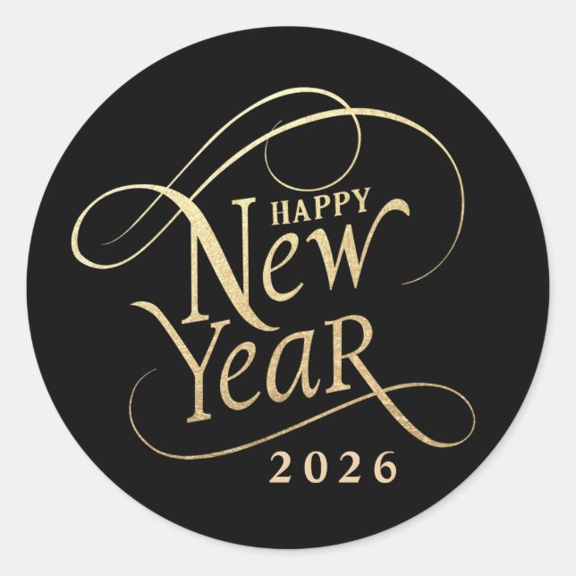 Elegant Happy New Year Black Gold Classic Round Sticker (Front)