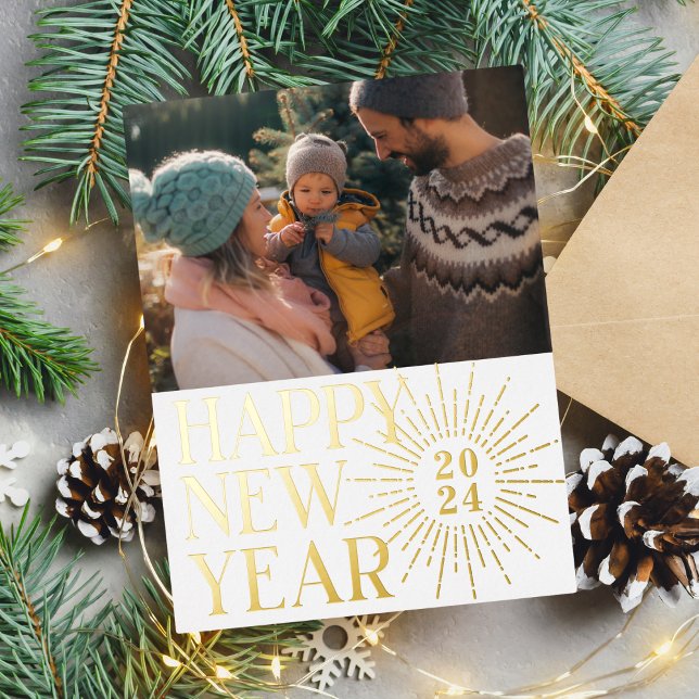 Elegant Happy New Year Photo Gold Firework Foil Holiday Postcard (Creator Uploaded)