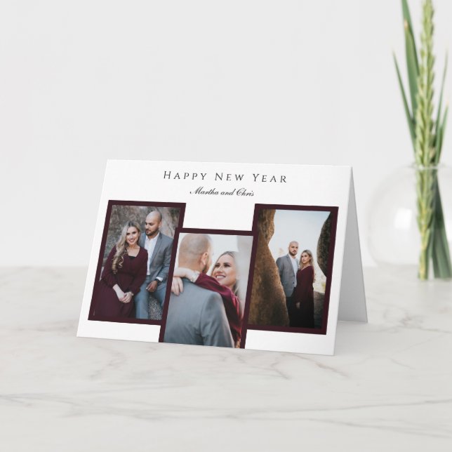 Elegant Happy New Year Script 3 Photo Collage Red Holiday Card (Front)