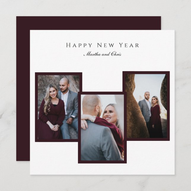 Elegant Happy New Year Script 3 Photo Collage Red Holiday Card (Front/Back)