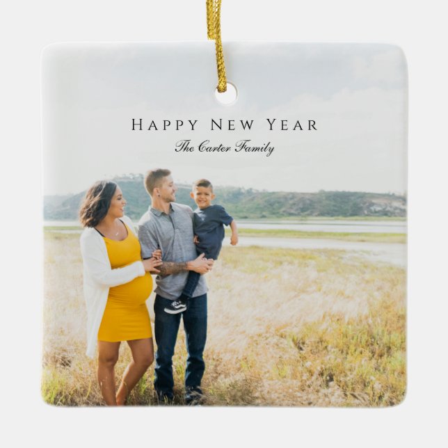 Elegant Happy New Year Script Photo Pregnancy Chic Ceramic Ornament (Front)