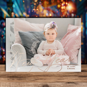 Elegant Happy New Year Script Rose Gold Foil Holiday Card