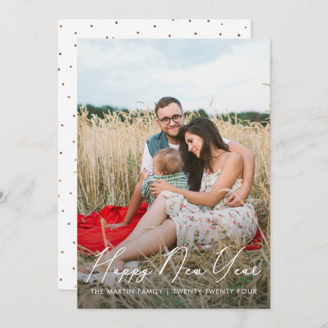 Elegant Happy New Year Script with Dots Photo Holiday Card (Front/Back)