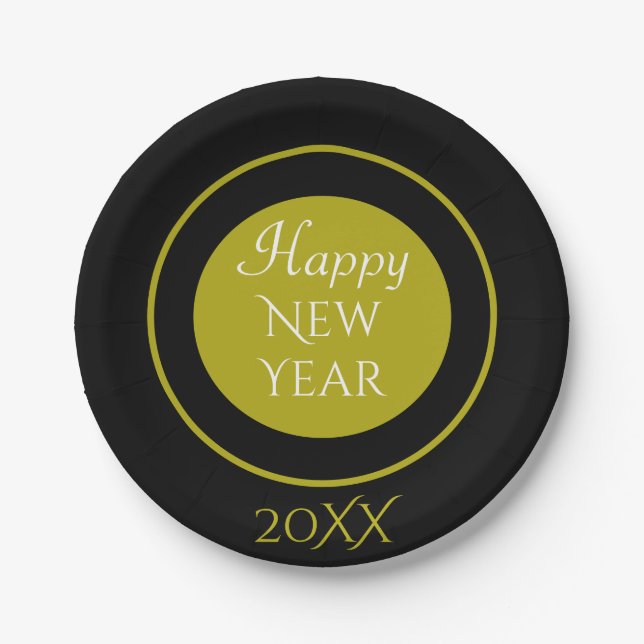 Elegant Happy New Year with Year Black Gold Paper Plate (Front)
