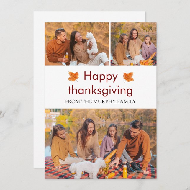 Elegant  Happy Thanksgiving Autumn Leaves 3 Photo Holiday Card (Front/Back)