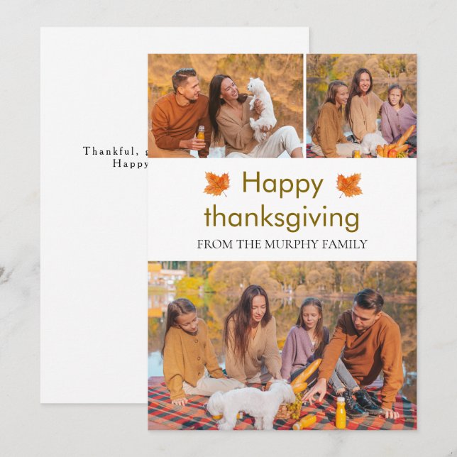 Elegant  Happy Thanksgiving Autumn Leaves 3 Photo Holiday Card (Front/Back)