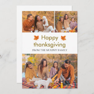 Elegant  Happy Thanksgiving Autumn Leaves 3 Photo Holiday Card
