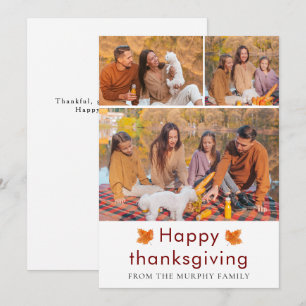 Elegant  Happy Thanksgiving Autumn Leaves 3 Photo Holiday Card