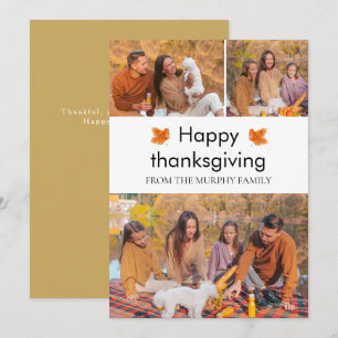 Elegant Happy Thanksgiving Autumn Leaves 3 Photo Holiday Card